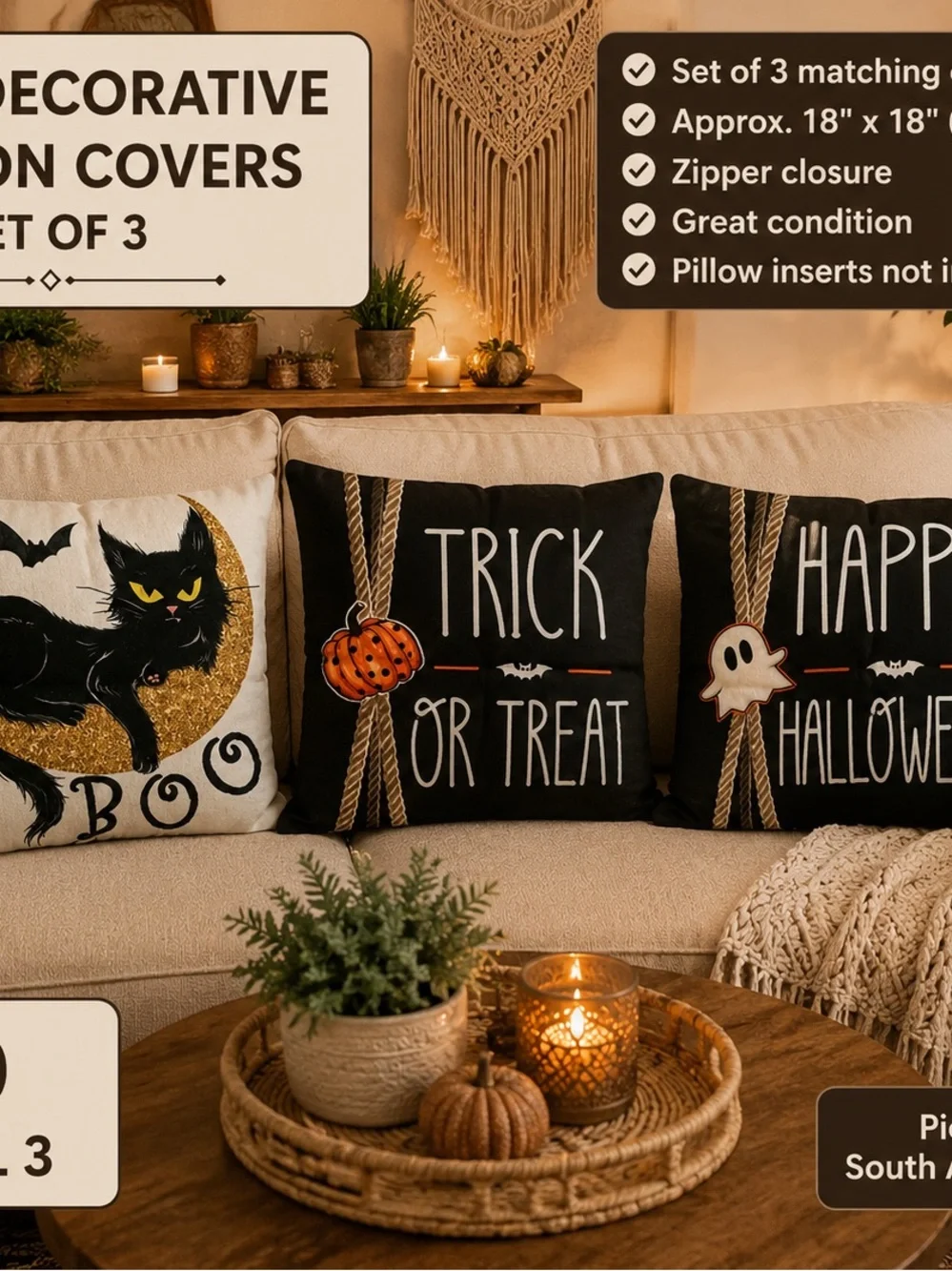 Halloween Decorative Pillow Covers Set of 3 - Black & Cream